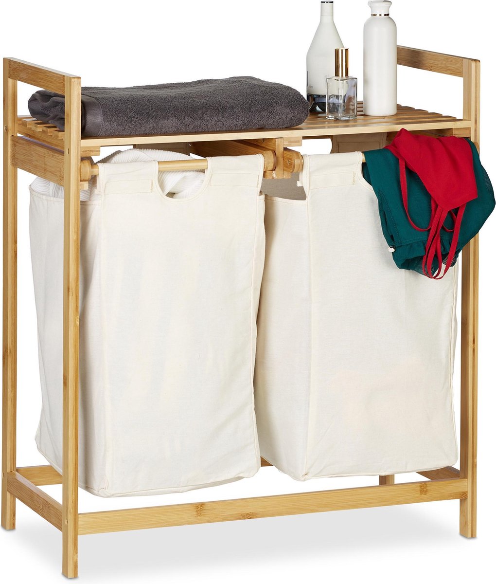 Relaxdays wasmand bamboe - wasbox - wassorteerder - 2 vakken - met plank - voor wasgoed