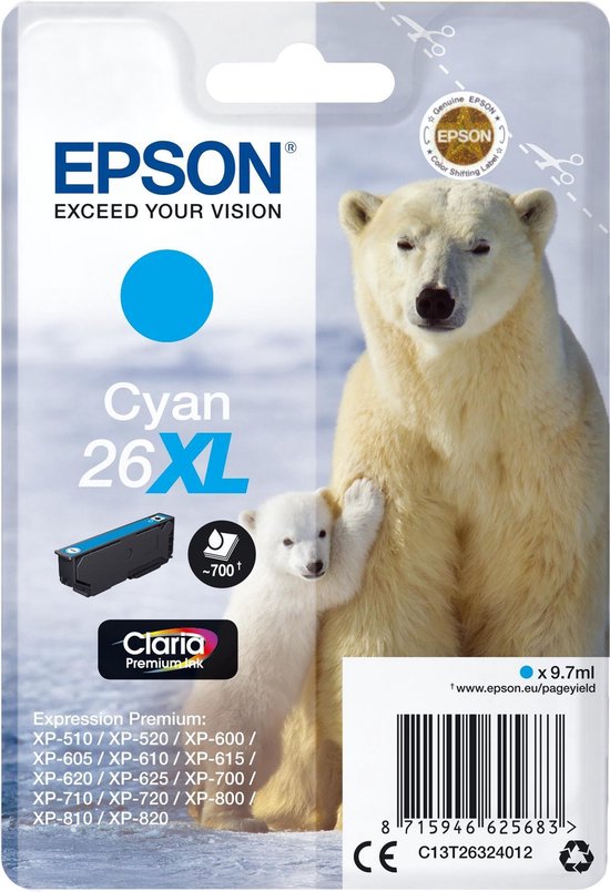 EPSON 26XL inktcartridge cyaan high capacity 9.7ml 700 paginas 1-pack RF-AM blister