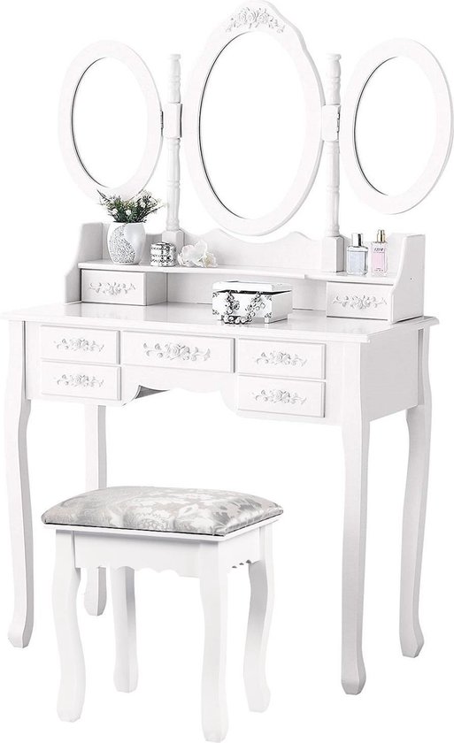 Kaptafel make up visagie toilet tafel met spiegel en krukje wit | bol.com