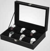 Horlogedoos 12 vakken - Zwarte Horlogebox met Glazen Deksel