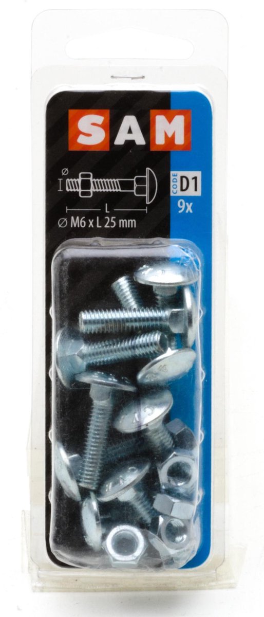9X SAM Houtbout + moer verzinkt  M6x25mm D1 816318