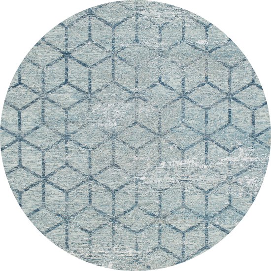 Rond vloerkleed vintage - Tapijten woonkamer - Geometrisch - Blauw - 110ø