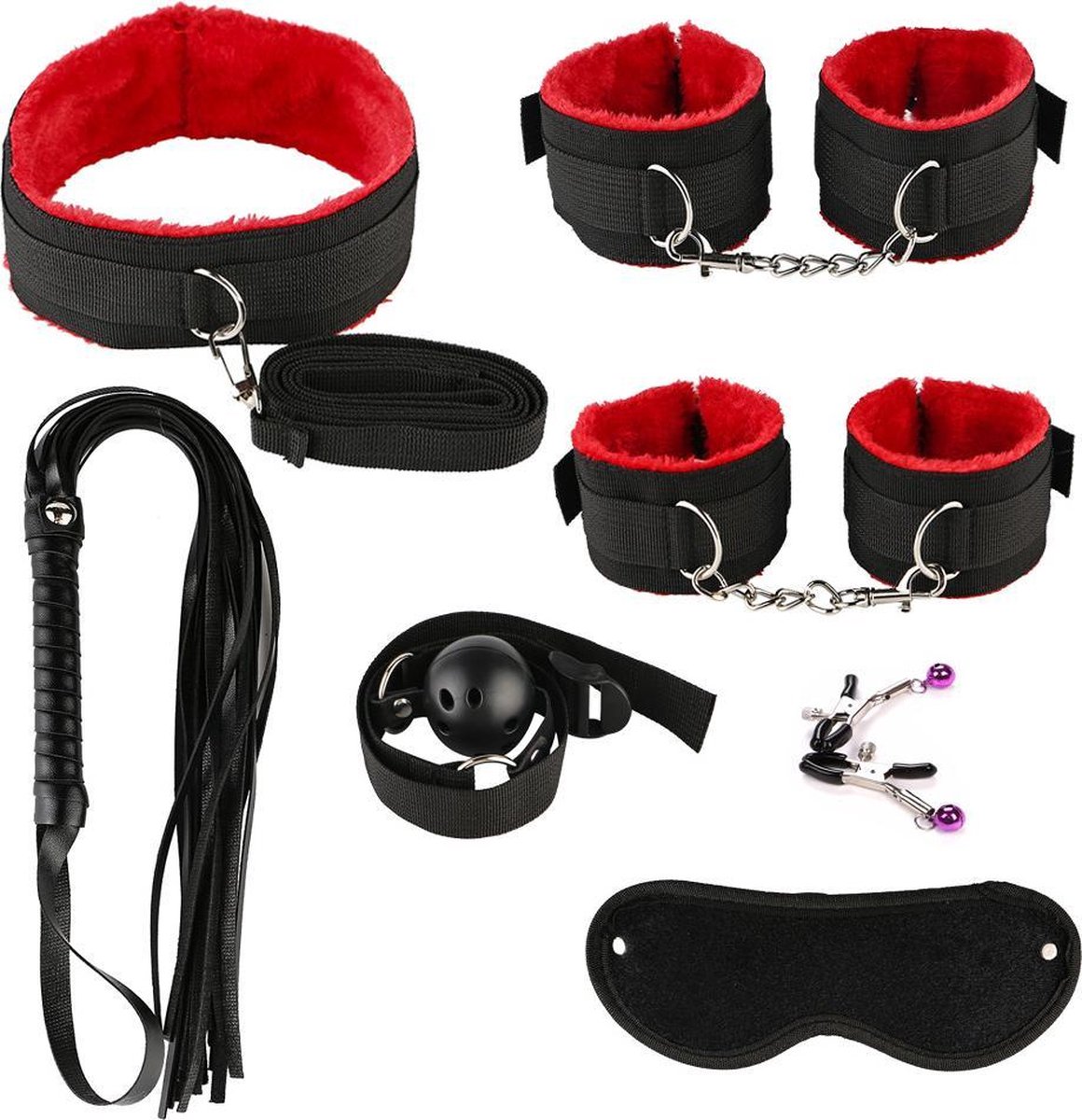 Goedkoopste 7-Delige Set BDSM Set - Handboeien - Zweep - Sekspeeltjes - Sex Toys - Rood