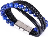 AWEMOZ Armbanden Set - Leer & Natuursteen Kralen - Dubbel Armbandje - Zwart/Blauw - Cadeau voor Mannen en Vrouwen