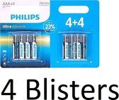 32 Stuks (4 Blisters a 8 st) Philips Ultra Alkaline Lr03/aaa Batterijen 4+4