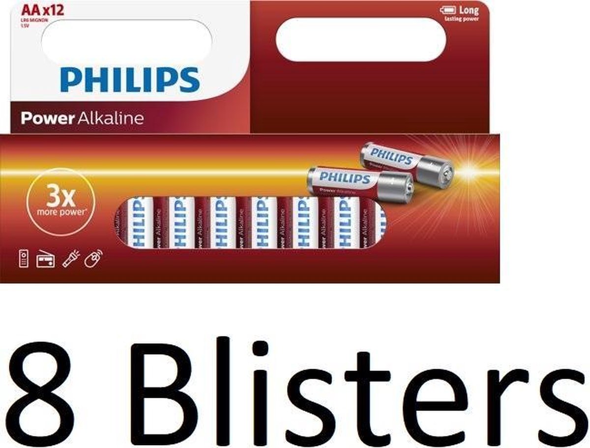 96 stuks (8 blisters a 12 st) Philips AA Alkaline Batterijen