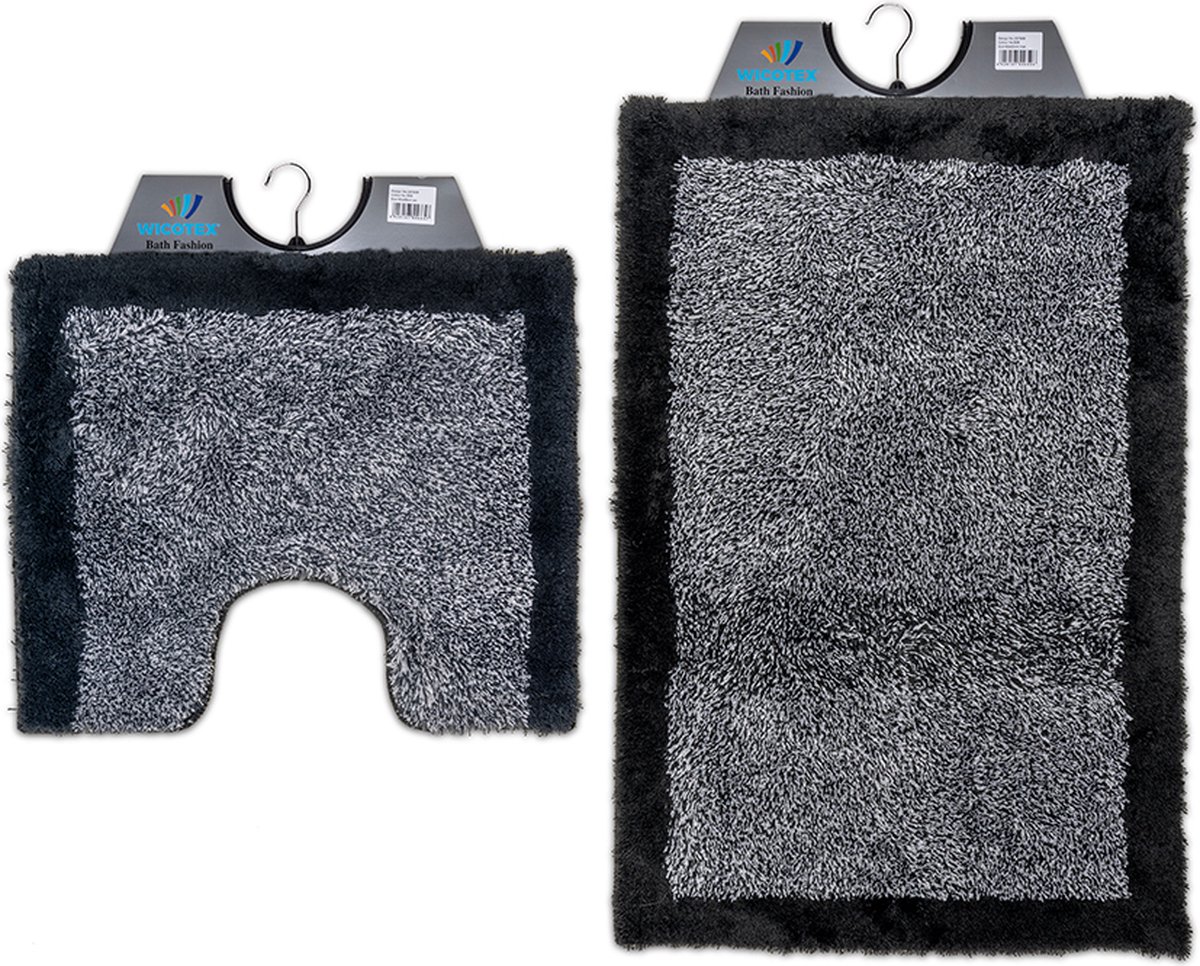 Wicotex - Badmat set met Toiletmat - WC mat met uitsparing Grijs met Zwarte rand - Antislip onderkant