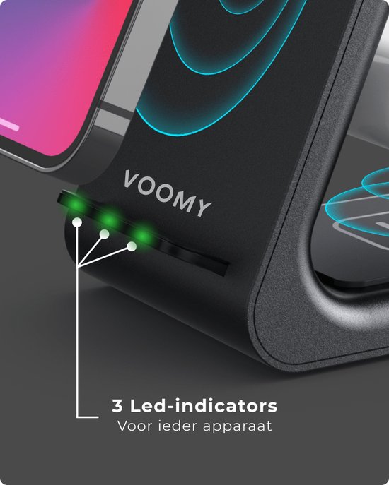 Voomy 3-in-1 Qi Draadloze Oplader - Wireless Charger 15W - Inclusief Adapter & Kabel - Geschikt voor iPhone 10, 11, 12, 13, 14, 15 & Samsung S20, S21, S22, S23, S24 - Voomy