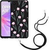 Cazy Hoesje met koord Zwart geschikt voor Oppo A78 5G Roze Bloemetjes