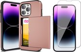 Hoesje met Pasjeshouder geschikt voor iPhone 14 Pro - Screen Protector GlassGuard - Back Cover SlideCase Roségoud & Screenprotector