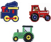Tractor Strijk Embleem - Set van 3 - Locomotief - Voertuigen - Patch - Stofapplicatie - 3 Stuks - Patchwork - Strijkembleem - Patches - Versiering voor op kleding - Leuk Cadeau