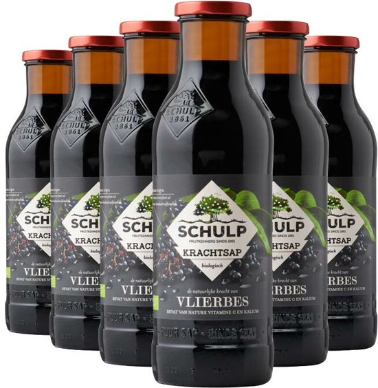 Zes flessen Schulp vlierbessensap met een rood dopje en een zwart etiket met een afbeelding van vlierbessen en bladeren.
