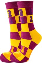 Grappige sokken met Schaakstukken - Paars/Geel - Schaken/Schaakspel sokken Dames maat 36-40