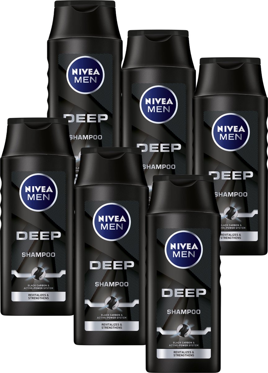 NIVEA MEN Deep Shampoo - Revitaliseert de scalp - Formule met black carbon - Voordeelverpakking 6 x 250 ml - NIVEA