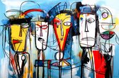 JJ-Art (Glas) 90x60 | 4 Gezichten, man vrouw, abstract in Herman Brood stijl, kleurrijk, felle kleuren, kunst, woonkamer slaapkamer | mens, bruin, rood, blauw, modern | Foto-schilderij-glasschilderij-acrylglas-acrylaat-wanddecoratie