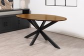Floor tafel met ovale Mango houten blad van 180 x 90 cm met facetrand aan onderzijde. Bladkleur bruin glad afgewerkt. Onderstel is een spinpoot in de kleur zwart.