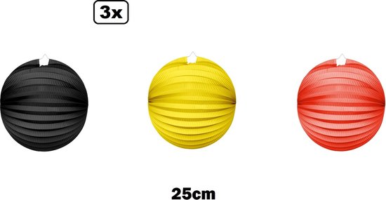 3x Lampion Zwart-geel-rood 25cm - BBQ Belgie Duitsland strand licht fun festival thema feest verjaardag party papier