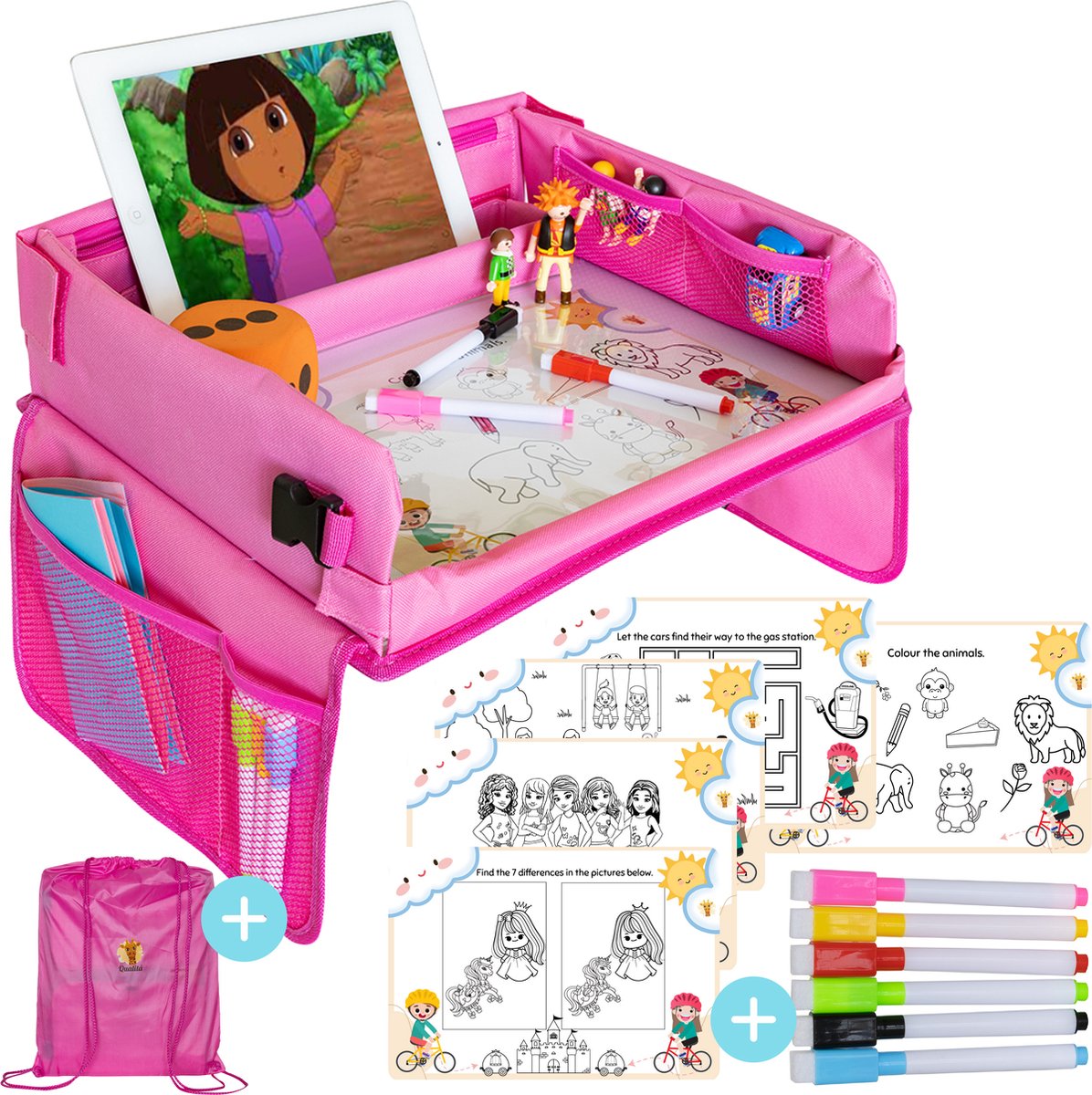 Qualita® Reistafel voor Kinderen Roze – Tablet Houder Auto - Autotafel – Speeltafel Auto – Auto organizer Kinderen - Tekentafel Auto – Opvouwbare Reistafel -