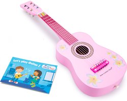 foto van New Classic Toys - Houten speelgoedgitaar met draagriem - Speelgoedinstrument - Mijn eerste gitaar - Roze met bloemen - Inclusief muziekboekje
