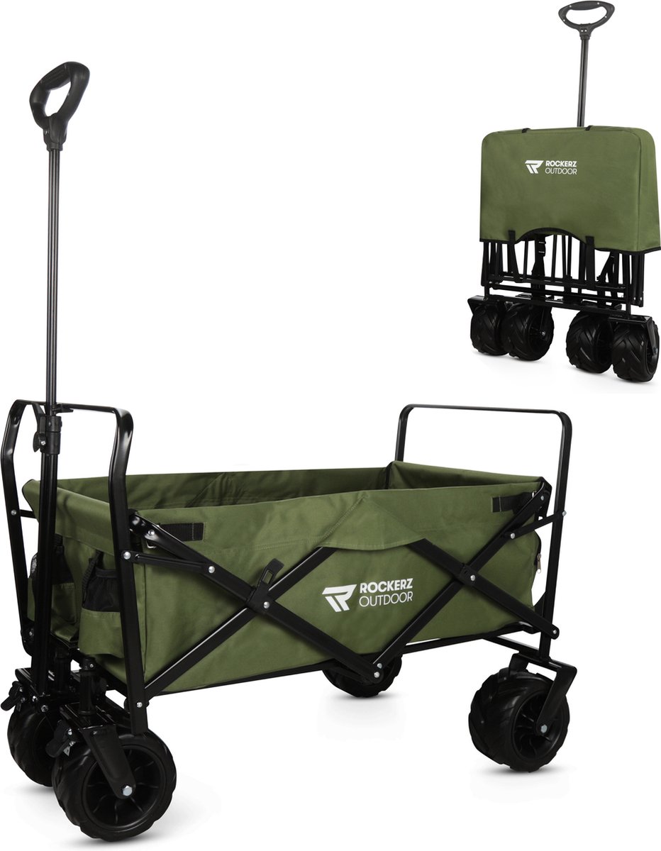 Bolderkar - Bolderwagen - Kleur: Groen - Opvouwbaar - XL inhoud (12OL) - Inclusief veiligheidsriemen - Tot 100 kg draagvermogen - Handige opbergvakken - Water- en vuilafstotend - Gemonteerd in verpakking - Merk: Rockerz Outdoor