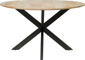 Floor tafel met rond Mango houten blad, doorsnede 150 cm met facetrand aan onderzijde. Bladkleur naturel gezandstraald. Onderstel is een spinpoot in de kleur zwart.