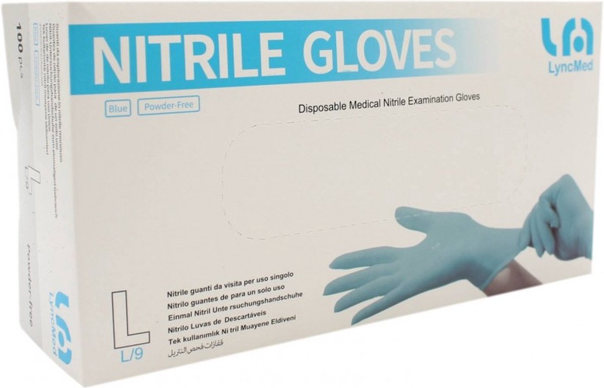 Lyncmed medische handschoenen blauw nitril, ongepoederd, latex vrij, waterdicht CE, ISO13485, EN/ASTM Standard Maat L