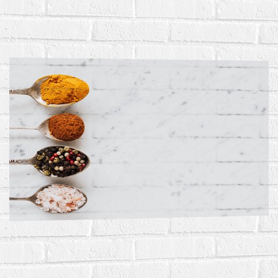 Muursticker - Lepels met Kruiden met Marmeren Achtergrond - 75x50 cm Foto op Muursticker