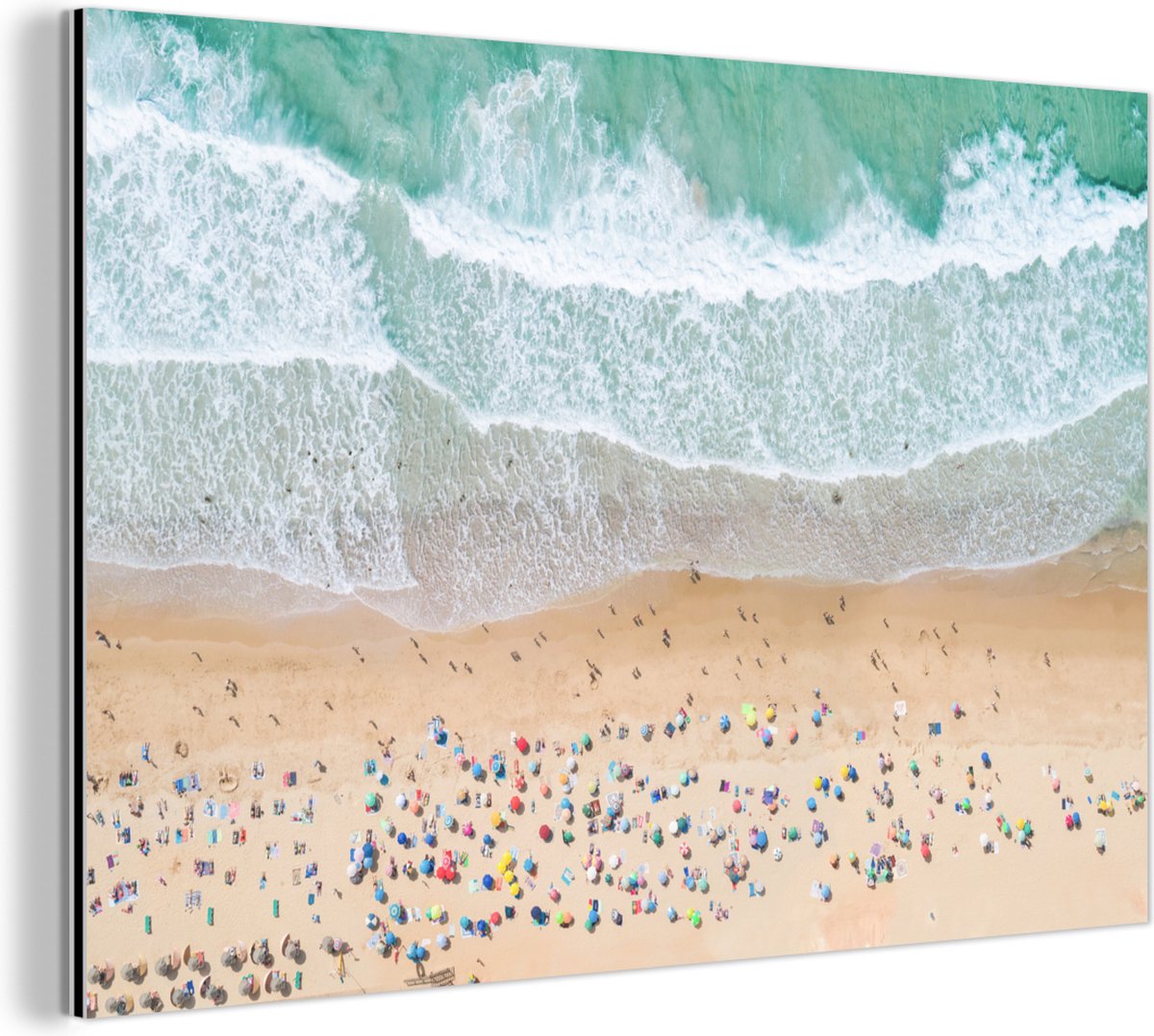 Wanddecoratie Metaal - Aluminium Schilderij Industrieel - Zee - Strand - Parasols - Water