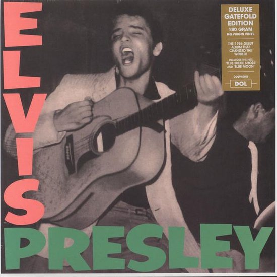 Elvis Presley zingend met gitaar, met de tekst "ELVIS PRESLEY" in roze en groen. Rechts een label met "DELUXE GATEFOLD EDITION".