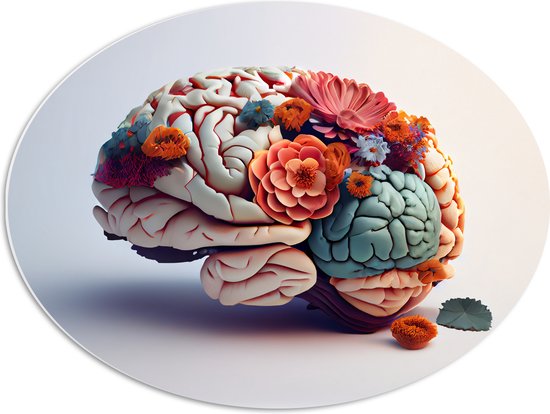 PVC Schuimplaat Ovaal - Hersenen Versierd met Bloemen tegen Beige Achtergrond - 68x51 cm Foto op Ovaal (Met Ophangsysteem)