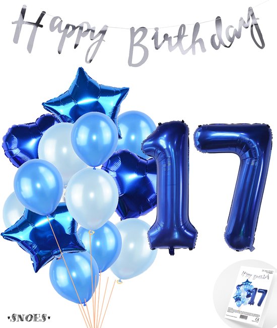 Snoes Ballonnen 17 Jaar Feestpakket – Versiering – Verjaardag Set Mason Blauw Cijferballon 17 Jaar - Heliumballon
