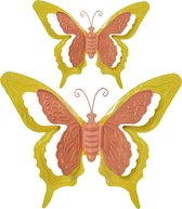 Mega Collections Tuin/schutting decoratie vlinders - metaal - oranje - 24 x 18 cm - 46 x 34 cm