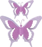Mega Collections Tuin/schutting decoratie vlinders - metaal - roze - 17 x 13 cm - 36 x 27 cm