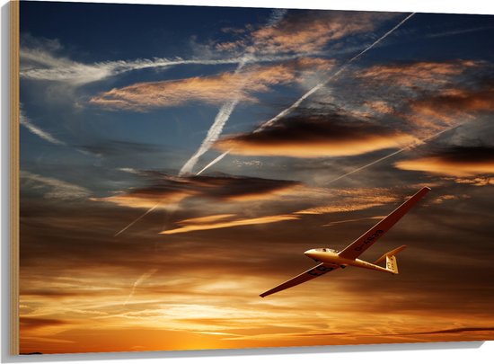 Hout - Wit Zweefvliegtuig Vliegend tijdens Zonsondergang - 100x75 cm - 9 mm dik - Foto op Hout (Met Ophangsysteem)