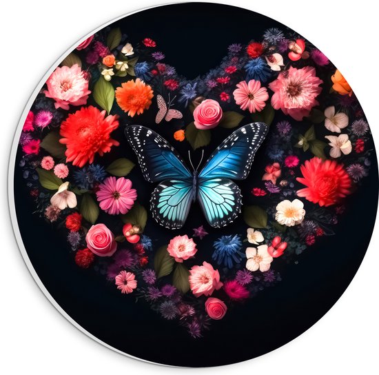 PVC Schuimplaat Muurcirkel - Hart van Blauwe Vlinder en Verschillende Bloemen op Zwarte Achtergrond - 20x20 cm Foto op Muurcirkel (met ophangsysteem)
