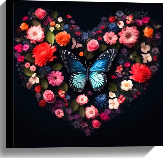 Canvas - Hart van Blauwe Vlinder en Verschillende Bloemen op Zwarte Achtergrond - 40x40 cm Foto op Canvas Schilderij (Wanddecoratie op Canvas)