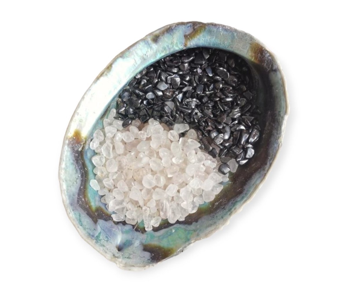 Reinigings / Oplaad set Edelstenen Hematiet & Bergkristal - Inclusief Abalone Schelp