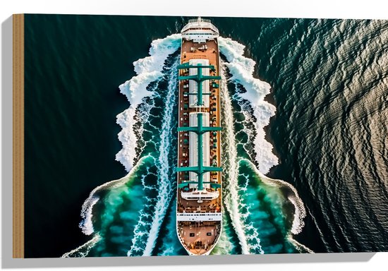 Hout - Bovenaanzicht van Groot Cruiseschip Varend over de Golven van de Zee - 60x40 cm - 9 mm dik - Foto op Hout (Met Ophangsysteem)
