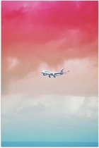 Poster (Mat) - Wit Passagiersvliegtuig Vliegend in Rozekleurige Lucht - 50x75 cm Foto op Posterpapier met een Matte look