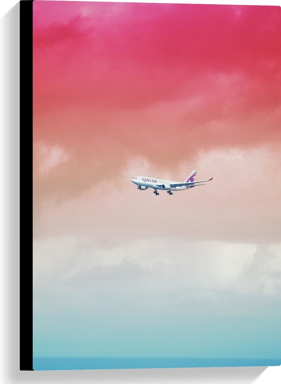 Canvas - Wit Passagiersvliegtuig Vliegend in Rozekleurige Lucht - 40x60 cm Foto op Canvas Schilderij (Wanddecoratie op Canvas)