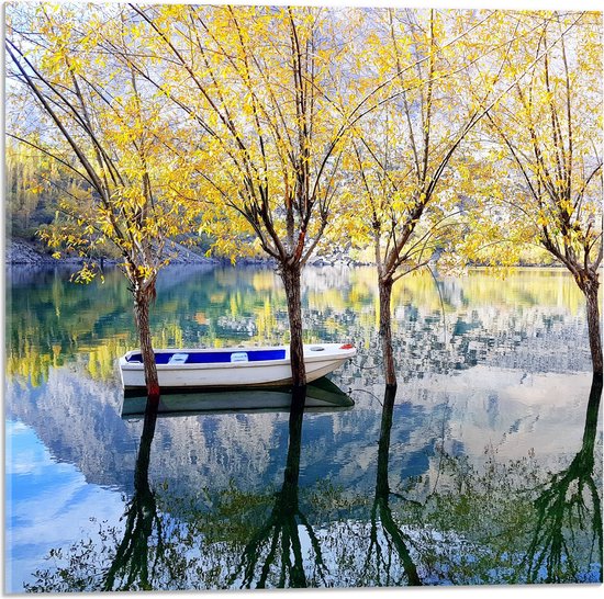 Acrylglas - Wit met Blauwe Vissersboot op het Water bij het Bos - 50x50 cm Foto op Acrylglas (Met Ophangsysteem)