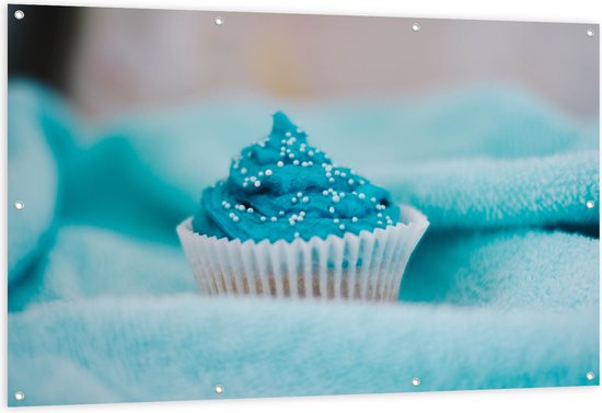 Tuinposter – Cupcake met Blauwe Botercrème - 150x100 cm Foto op Tuinposter (wanddecoratie voor buiten en binnen)