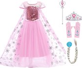 Prinsessenjurk meisje - Elsa jurk - Prinsessen speelgoed - Het Betere Merk - maat 116/122 (130) - Tiara - Kroon - Haarvlecht - Handschoenen - Toverstaf - Verkleedkleren Meisje - Prinsessen - Carnavalskleding Kinderen - Roze