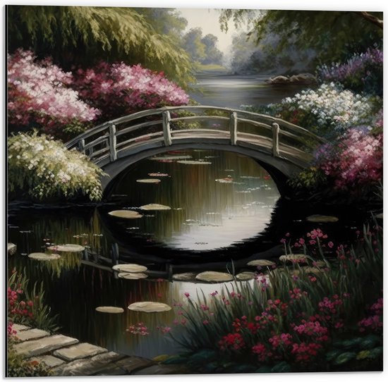 Dibond - Brug over Sloot met Mooie Bloemen - 50x50 cm Foto op Aluminium (Wanddecoratie van metaal)