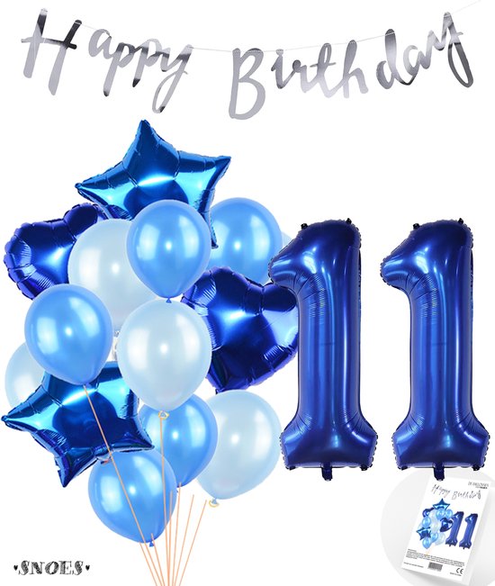 Snoes Ballonnen 11 Jaar Feestpakket – Versiering – Verjaardag Set Mason Blauw Cijferballon 11 Jaar - Heliumballon