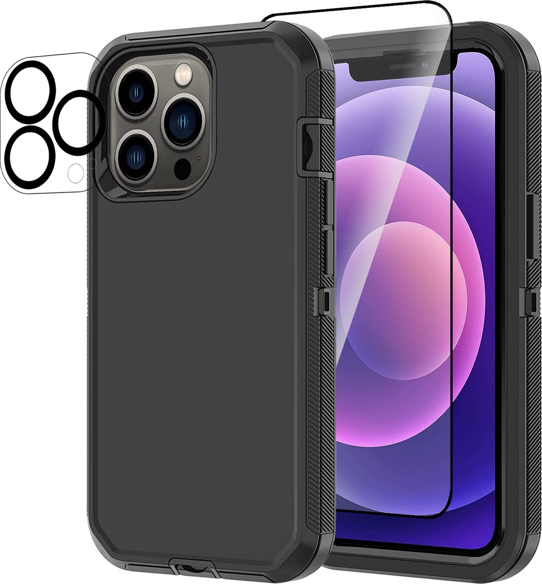 Stravo Heavy Duty iPhone 12 Pro case met Screen Protector en Lens Protector - Zwart - Dustproof shockproof telefoonhoes cover bestaande uit 3 lagen inclusief schermbeschermer en lensbeschermer - Geschikt voor Apple iPhone 12 Pro