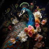 JJ-Art (Canvas) 100x100 | Pauw met bloemen, in geschilderde stijl, kunst, woonkamer, slaapkamer | vogel, dier, vierkant, rood, blauw, groen, geel, bruin, modern | Foto-Schilderij print (wanddecoratie)