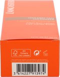 Onderkant van oranje Lancaster verpakking met FSC-logo en barcode. "MIX Packaging FSC® C006306".