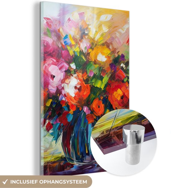 MuchoWow® Glasschilderij 20x30 cm - Schilderij acrylglas - Bloemen - Kleurrijk - Bloempot - Olieverf - Foto op glas - Schilderijen