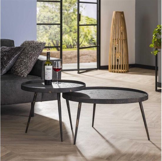 Hoyz - Table Basse Ronde Métallique - Zwart - Set de 2